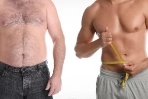 Two shirtless man showing fat and muscular body.