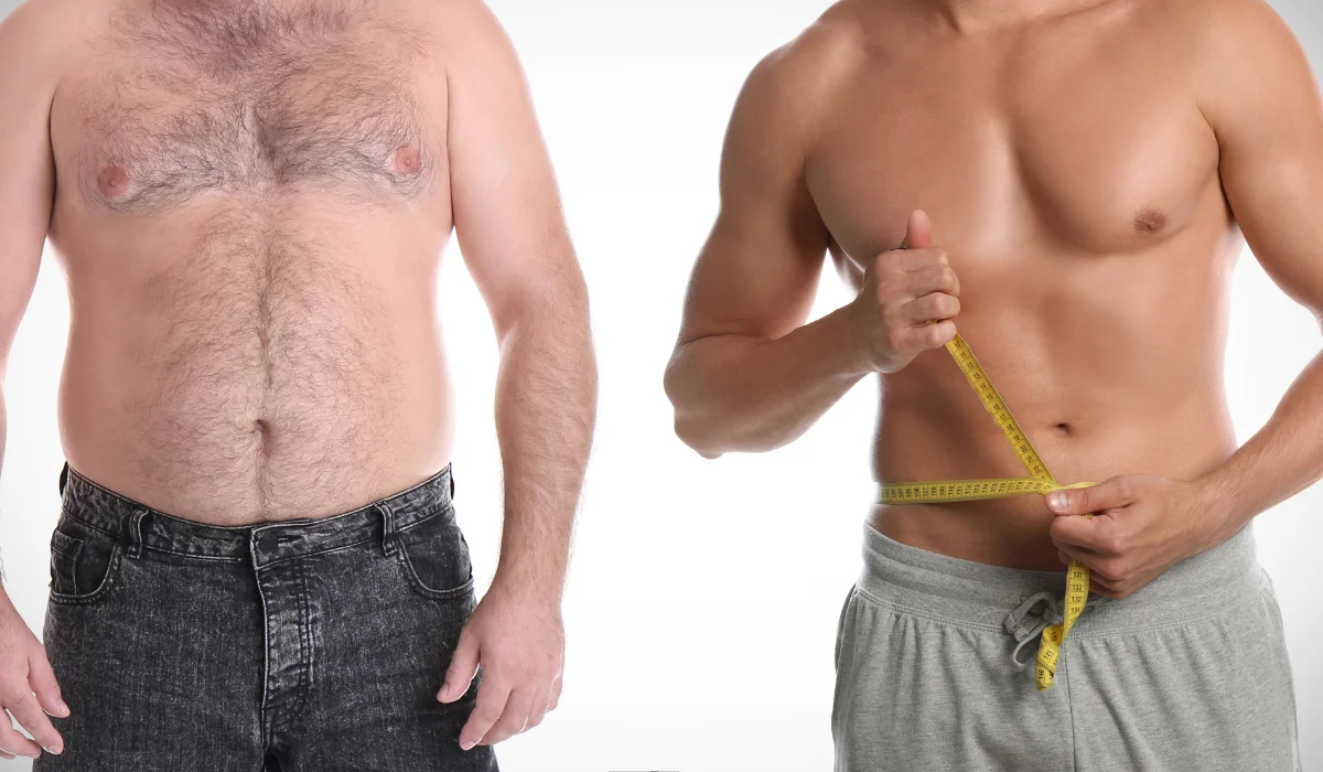 Two shirtless man showing fat and muscular body.